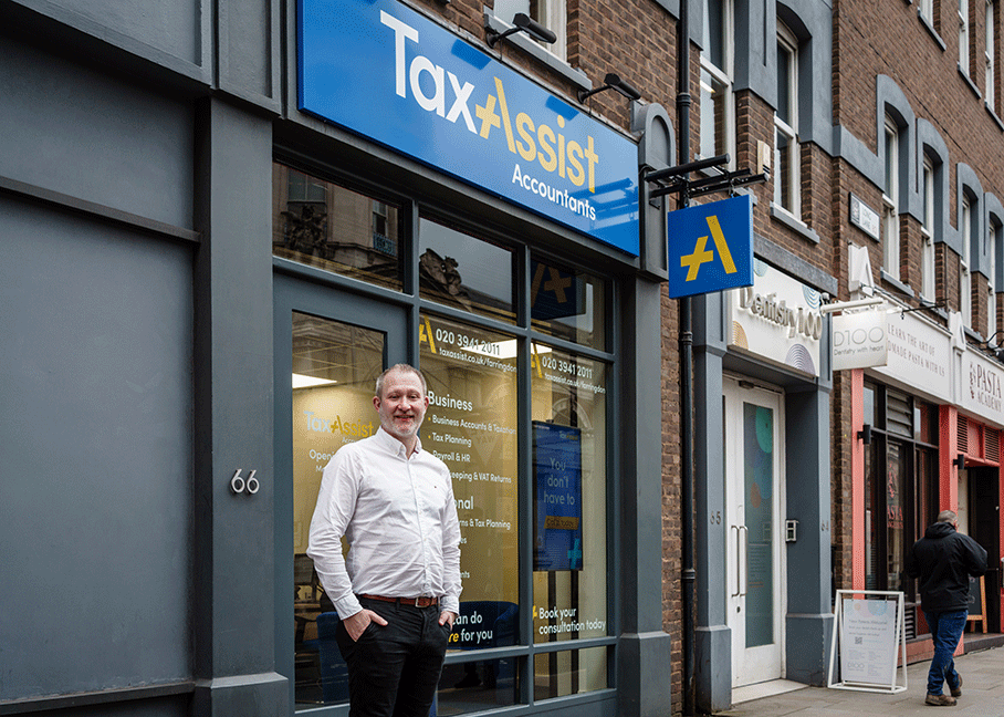 accountant in front of shop